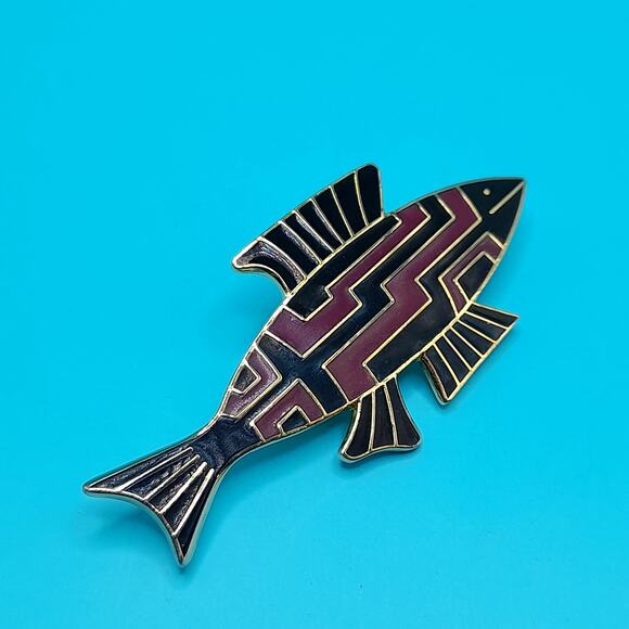 Vintage Laurel Burch Fish Brooch, Cloisonné Enamel Black Brown, Gold Plated 1980 - Picture 6 of 10